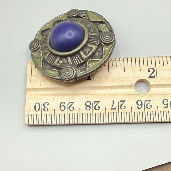 VTG Art Deco Geometric Clipon Earrings Round Abstract Blue Cabochon Enamel Golan - Picture 6 of 6